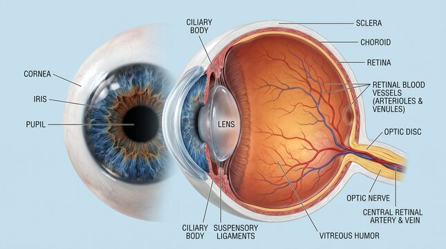 photorealistic medical illustration showcasing the complex anatomy of the human eye. This cross-sectional diagram highlights and labels essential internal structures, including the cornea, iris, lens.