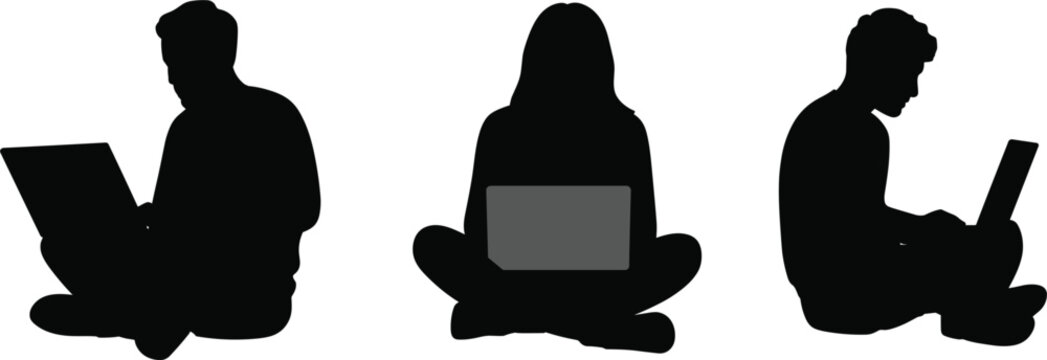People using laptops for remote work and online learning silhouette vector