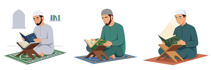 Three dedicated Muslim men engage in spiritual devotion, meticulously reading their sacred scripture from traditional book stands on prayer mats, embodying religious practice © Haris Lost