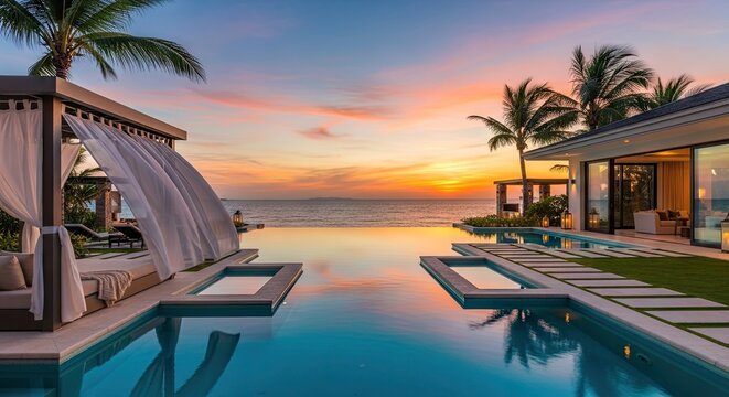 Luxury villa with infinity pool at sunset tropical vacation paradise
