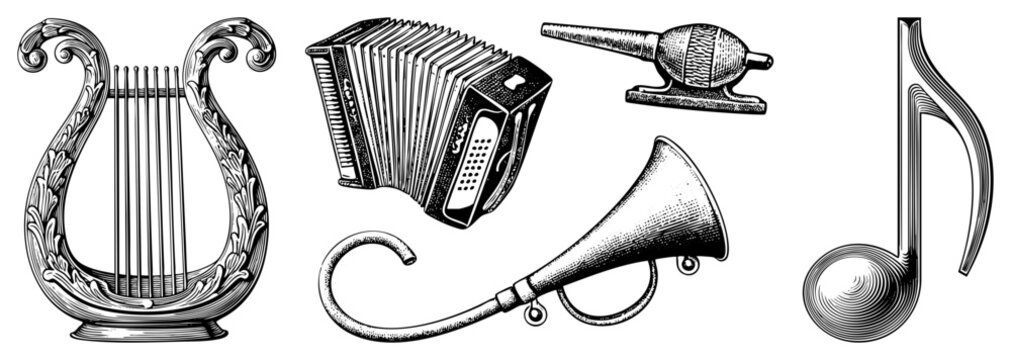 Classic collection featuring a decorative lyre, a squeezebox, and a brass horn. This musical ensemble includes a single eighth note, perfect for classical sheet music motifs.