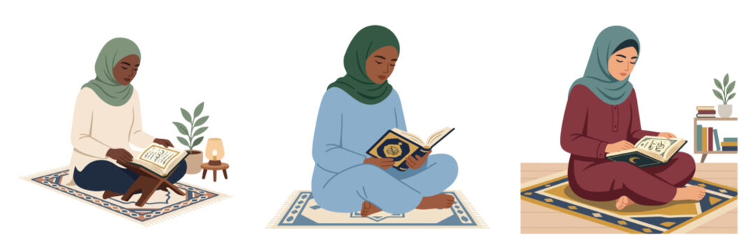 Diverse Muslim women in hijabs deeply engrossed in reading the Quran, demonstrating devotion and spiritual study on prayer mats in serene settings