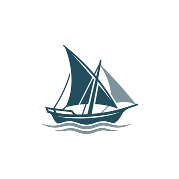 Minimalist dhow boat illustration on ocean waves.