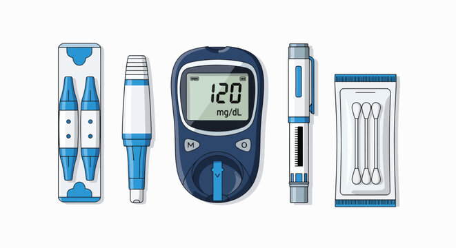 Flat lay of a diabetes testing kit with a glucometer, lancet, test strips, and cap on a white background with blue accents.
