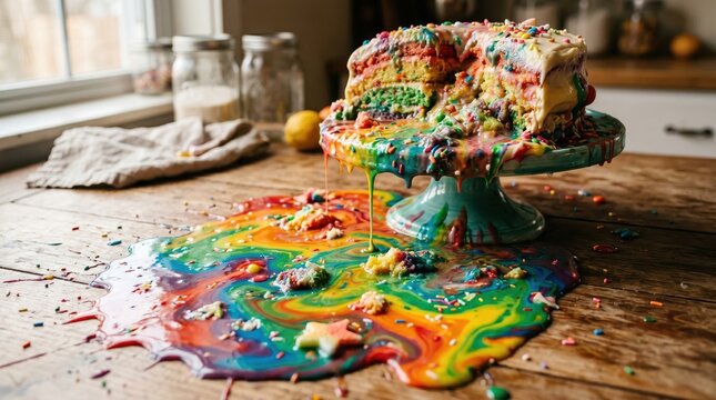 Colorful melting cake with rainbow drips on rustic wooden table in bright daylight