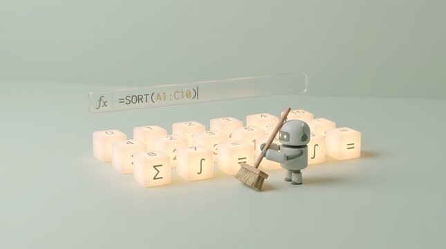 Minimal 3D cute robot sweeping with a broom near glowing formula math blocks under a floating glass excel sort function bar on a green backdrop, concept of ai data cleaning and automation.