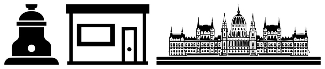 Fototapeta premium This set includes a classic service bell, a tiny storefront, and a majestic silhouette. These feature a service bell, a little bodega, and a manor in a clean black style.