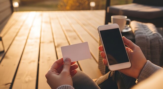 Hands holding a blank card and smartphone on wooden deck with coffee cup