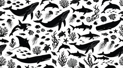 Seamless pattern with sea animals and marine life silhouettes © Rahima