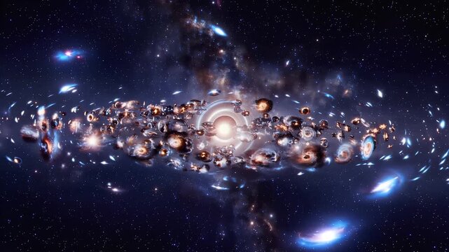 Dynamic accretion disk of swirling debris around a singularity and distant galaxies in deep space, representing cosmic creation, universal forces