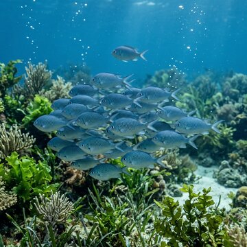 School of silver fish swimming in coral reef ocean habitat