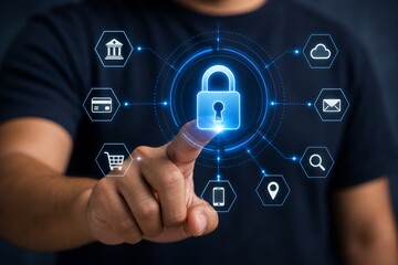 Fototapeta premium Finger touches a glowing padlock icon surrounded by security-related icons, representing digital security and data protection.