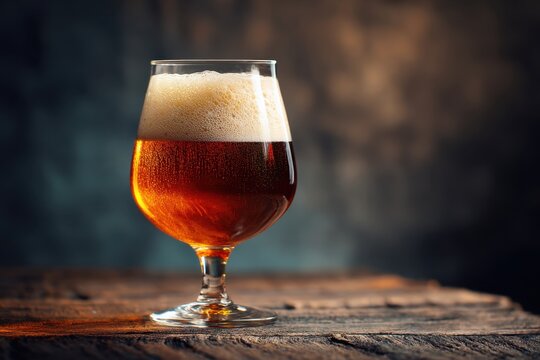 Rich amber beer with frothy head served in a elegant tulip glass resting on rustic wooden table against a moody blurred background perfect for craft beverage themes