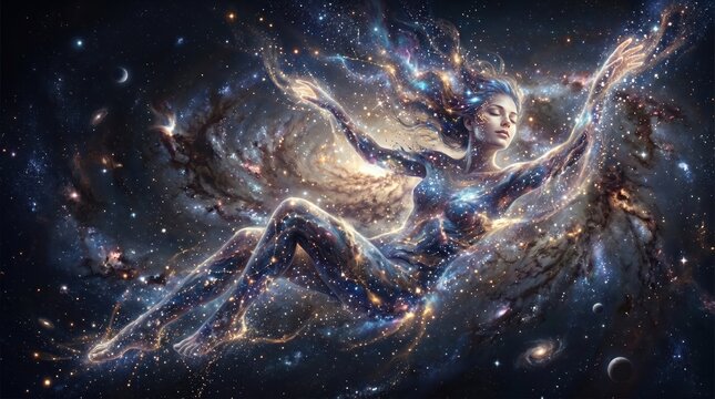 Cosmic human silhouette dissolving into nebula galaxy with stardust and glowing particles