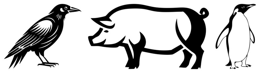 Obraz premium This graphic collection features a dark crow, a stout swine, and a small penguin. These stylized animal use bold shapes to create a striking set of nature inspired silhouettes.