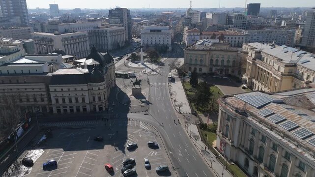Aerial drone view of Piata Revolutiei, Bucharest, Romania