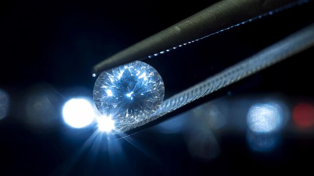 Laboratory grown diamond grading certificate with tweezers for examination in a bright setting	