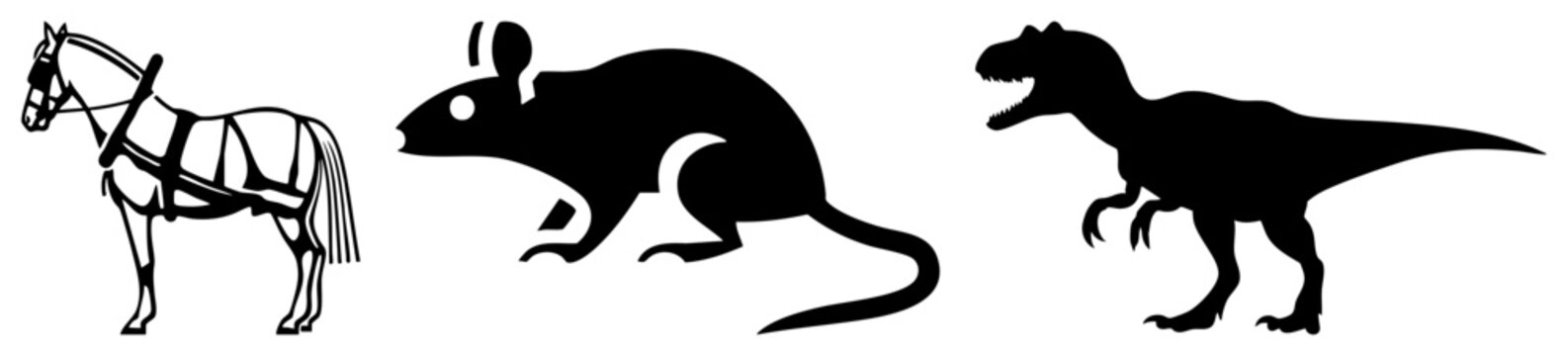 This collection features a galloping steed, a scurrying rat, and a mighty dino silhouette. These black animal shapes provide a stark graphic contrast for any creative project.