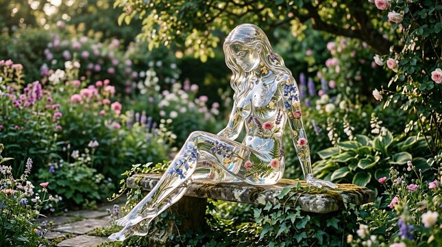 Transparent woman statue sitting on stone bench in flower garden