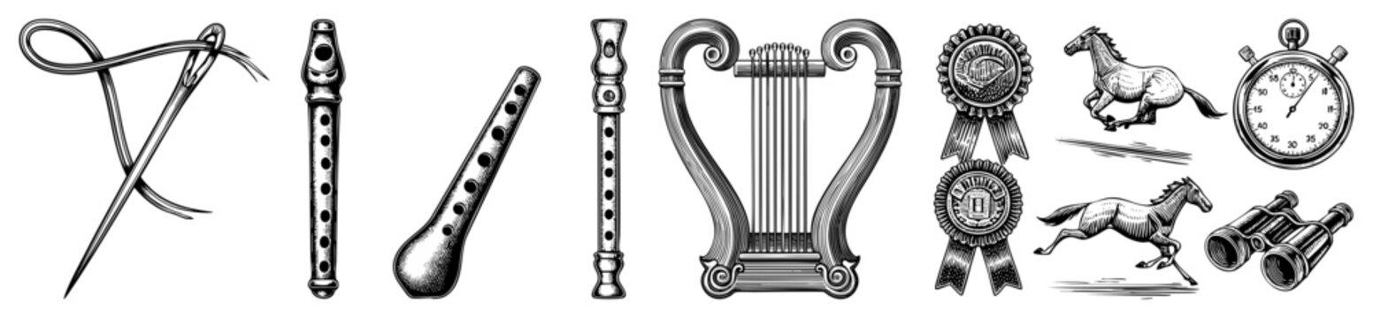 Collection of retro etchings featuring a lyre, wooden flutes, a stopwatch, and galloping steeds. These old school doodads include fine art of a with thread and ornate prize ribbons.