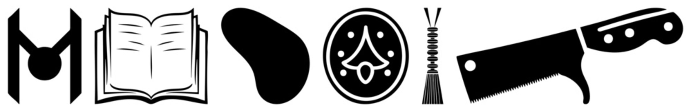 Diverse set of black shapes featuring an open tome, a sharp butcher blade, a sacred amulet, and a simple bean. This collection of talismans and everyday tools uses a clean stencil aesthetic.