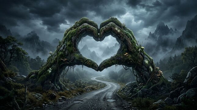 Mossy heart shaped tree roots on winding road in misty forest landscape