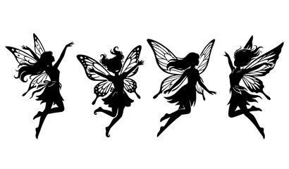 Obraz premium Jumping Fairy Silhouettes Vector Collection with Magical Winged Characters