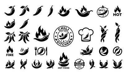 Obraz premium Hot Chili Pepper Silhouette Icons Vector Collection