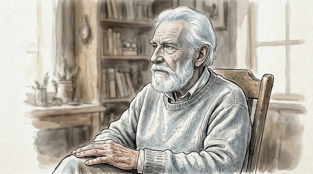 Elderly man sitting in chair looking contemplative or thoughtful