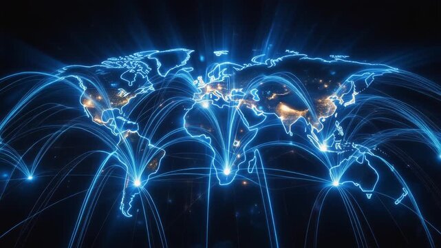 Futuristic luminous digital world map with radiant blue arcs symbolizing global communication, bustling cities, technological interconnection, and worldwide networking
