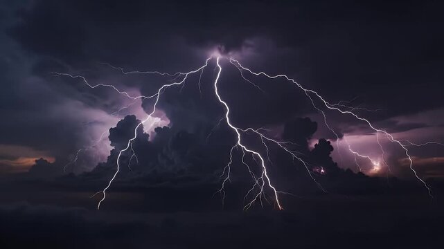 A dramatic lightning strike illuminates a turbulent, purple and white cloud-filled sky