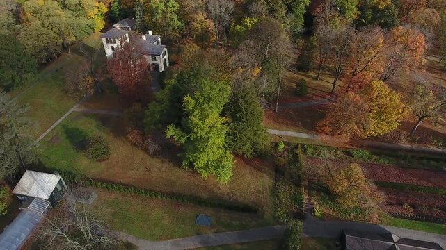 Aerial view of the Locust Grove Historic Site and Samuel F. B. Morse house surrounded by autumn foliage and garden paths in Poughkeepsie, New York, United States.