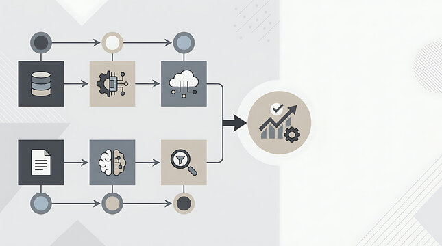 AI workflow optimization showing parallel processes merging into single efficient output in clean minimal business technology illustration with large copy space for corporate communication and marketi