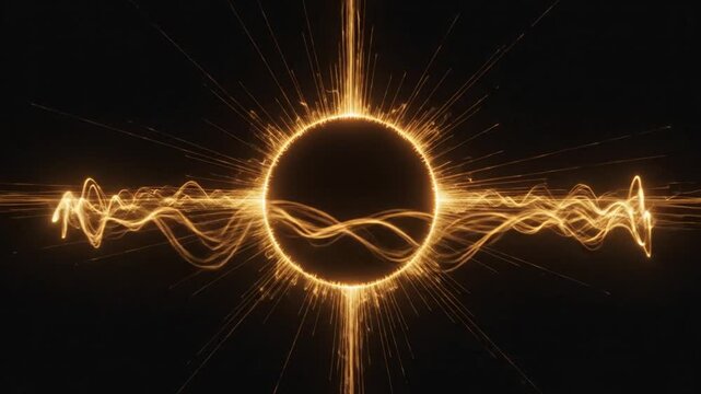 A glowing golden energy ring pulsates on a black background as horizontal and vertical beams of light intensify, morphing into rhythmic wavy patterns that radiate power.