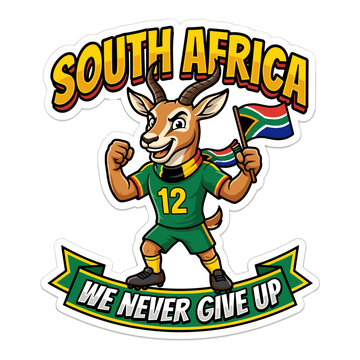 South African springbok mascot holding flag and cheering