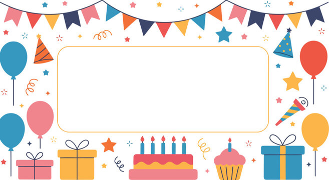 Cheerful birthday party frame background with colorful balloons gift boxes cake and bunting garlands