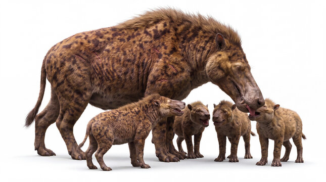 Andrewsarchus mongoliensis feeding its cubs, displaying natural parental care and accurate anatomy in a detailed scientific paleomammal reconstruction isolated on white background
