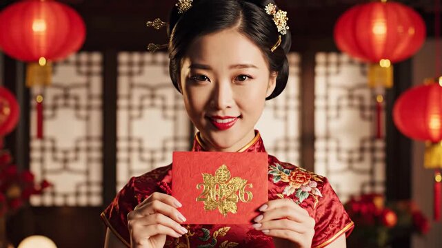 Young Asian Woman in Traditional Red Qipao Holding 2026 Gold Foil Envelope