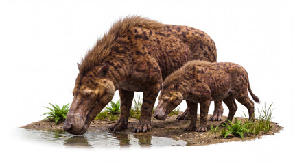 Fototapeta premium Andrewsarchus mongoliensis adult and juvenile drinking water together in a natural posture, displaying family behavior and accurate anatomy in a detailed scientific paleomammal reconstruction isolated