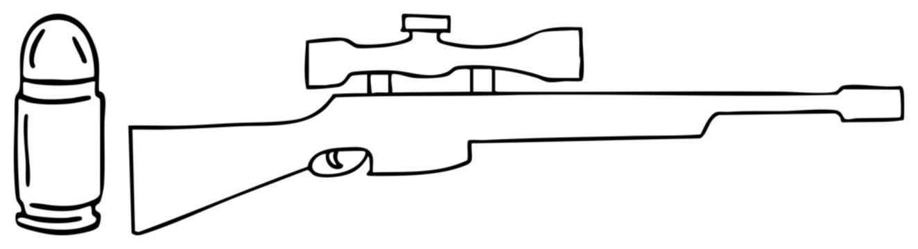 Sleek long gun and heavy slug depicted in clean. This precision piece features a scoped rifle and a massive round, perfect for tactical or hunting themes.