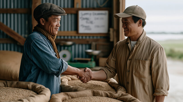 Wholesale grain buyer and smallholder farmer shaking agreement over open sacks at rural commodity depot, early morning mist across rice paddy beyond warehouse door, hand-written