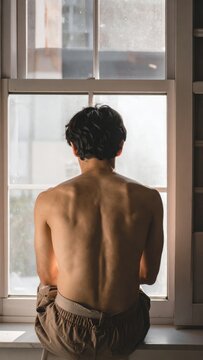 Shirtless Young Man Sitting by Bright Window Indoors