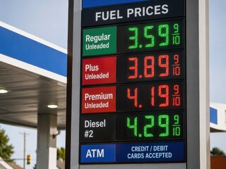 Fuel price display board showing prices for regular, plus, premium unleaded gasoline and diesel at a gas station with clear blue sky in the background © Denis Tuev