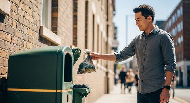 Man taking out trash to street bin on sunny day, responsible behavior in urban setting. Man discards waste into green bin, promoting cleanliness and environmental awareness.
