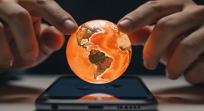 Hands holding a glowing orange globe above a smartphone screen on a table indoors
