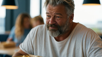 Fototapeta premium Senior male employee in a corporate break room overhearing younger colleagues commenting on his lunch, his measured expression masking discomfort, a nutritious home-packed meal in