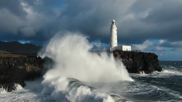 Coastal lighthouse guiding ships through stormy seas on rocky outcrop