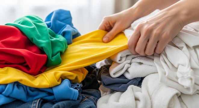 Man sorting dirty laundry with colorful clothes in pile including shirts and jeans. Sorting process includes vibrant colors like yellow, green, and red mixed with white and blue items.