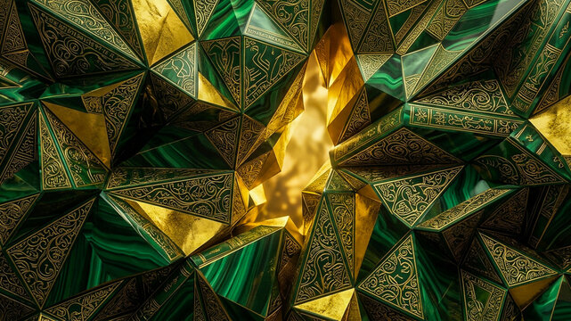 Intricate, geometric 3D patterns formed by green malachite crystals and polished gold, creating a sophisticated and luxurious abstract structure