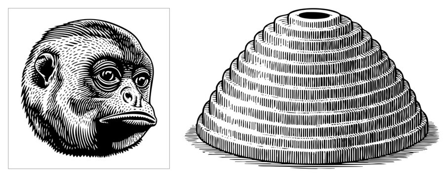 Detailed woodcut style depiction of a primate face alongside a ribbed conical shape. This primate skull or monkey head sits next to a structured pile of concentric rings.